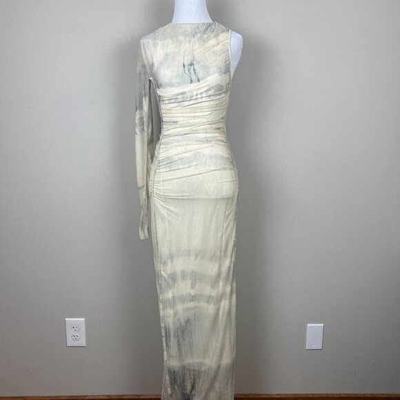 Zara Maxi Dress Womens XS Cream Gray Ruched One Shoulder Long‎ Sleeve Mesh Y2K - Picture 1 of 15